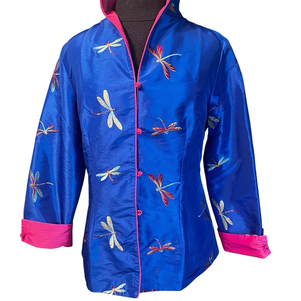 Vintage Silk Shantung Pink Blue Dragonfly Embroidered Mandarin Jacket Blazer L